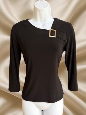 Y2K Black Buckle Neckline Quarter Sleeve Top 90s Minimalist Office Siren Shirt